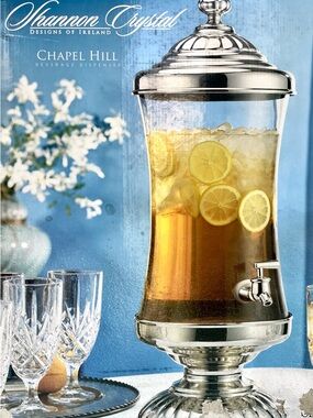 Shannon Crystal-2.5 Gallon Drink Dispenser. Nickel Plated, Mouth Blown Glass NWT